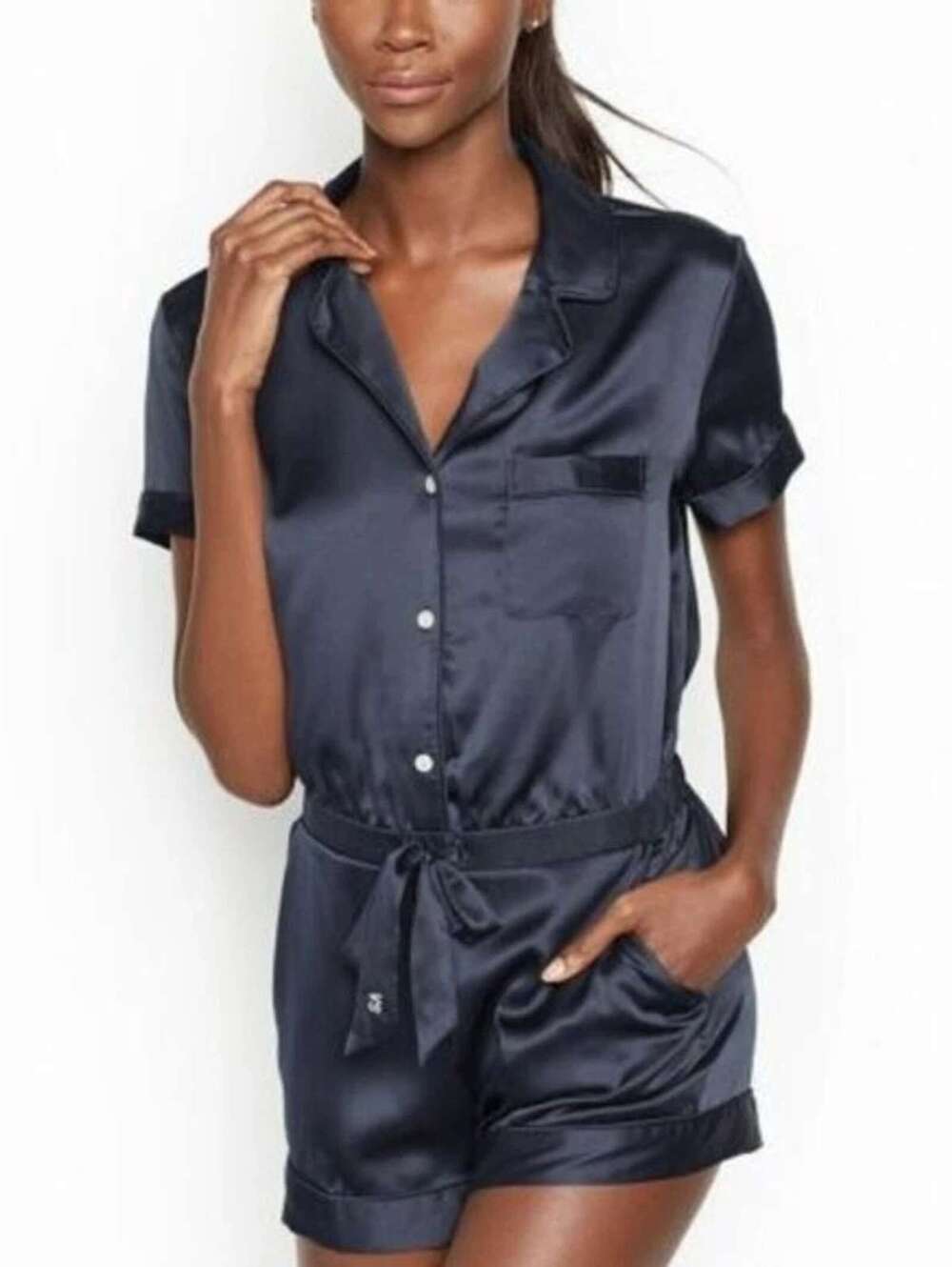 Victoria Secret Women’s Navy Satin Romper Short Sleeve Button Front Belted - S